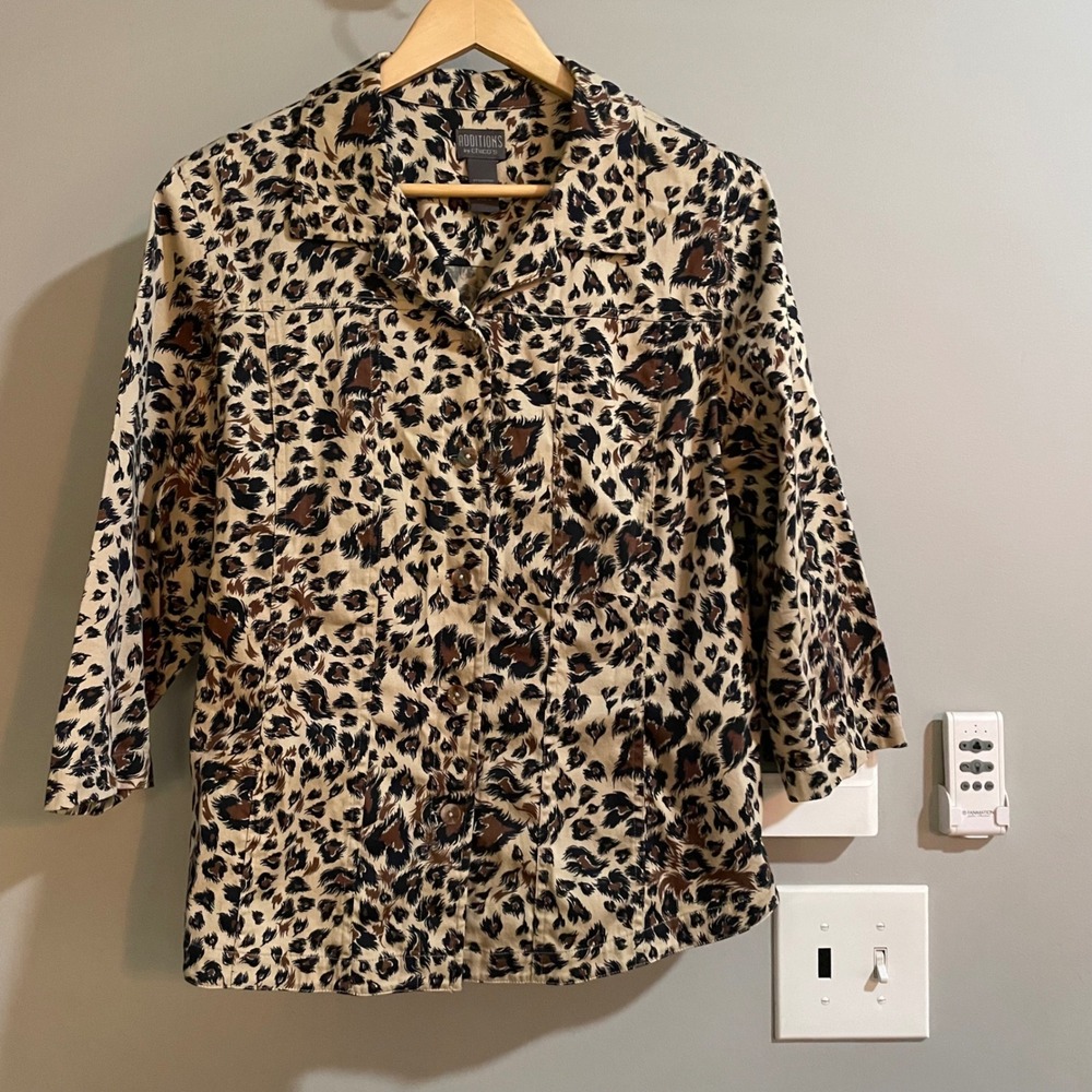 Additions by Chicos Leopard Print Button Down 3/4 Sleeve Top Animal Print SZ 2 L
